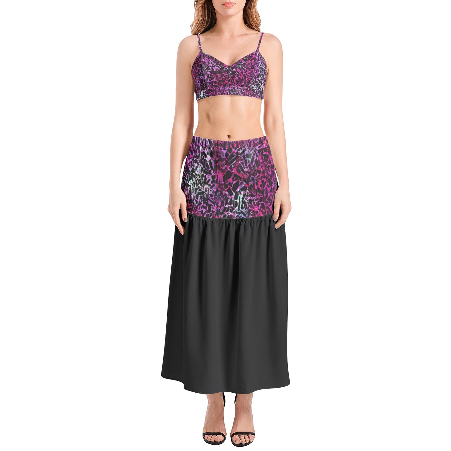 Pink and black Bralette Top and High Slit Thigh Skirt Set
