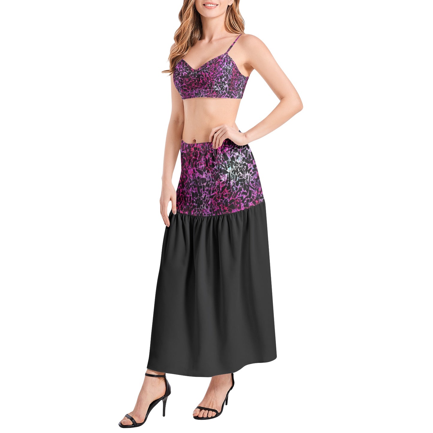 Pink and black Bralette Top and High Slit Thigh Skirt Set