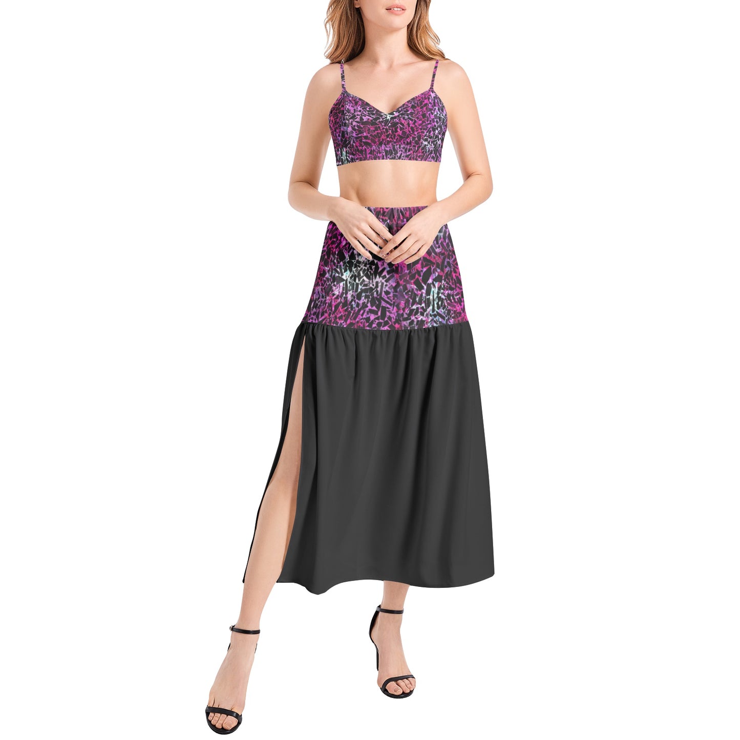 Pink and black Bralette Top and High Slit Thigh Skirt Set