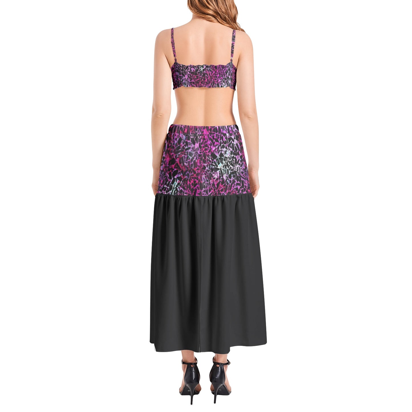 Pink and black Bralette Top and High Slit Thigh Skirt Set