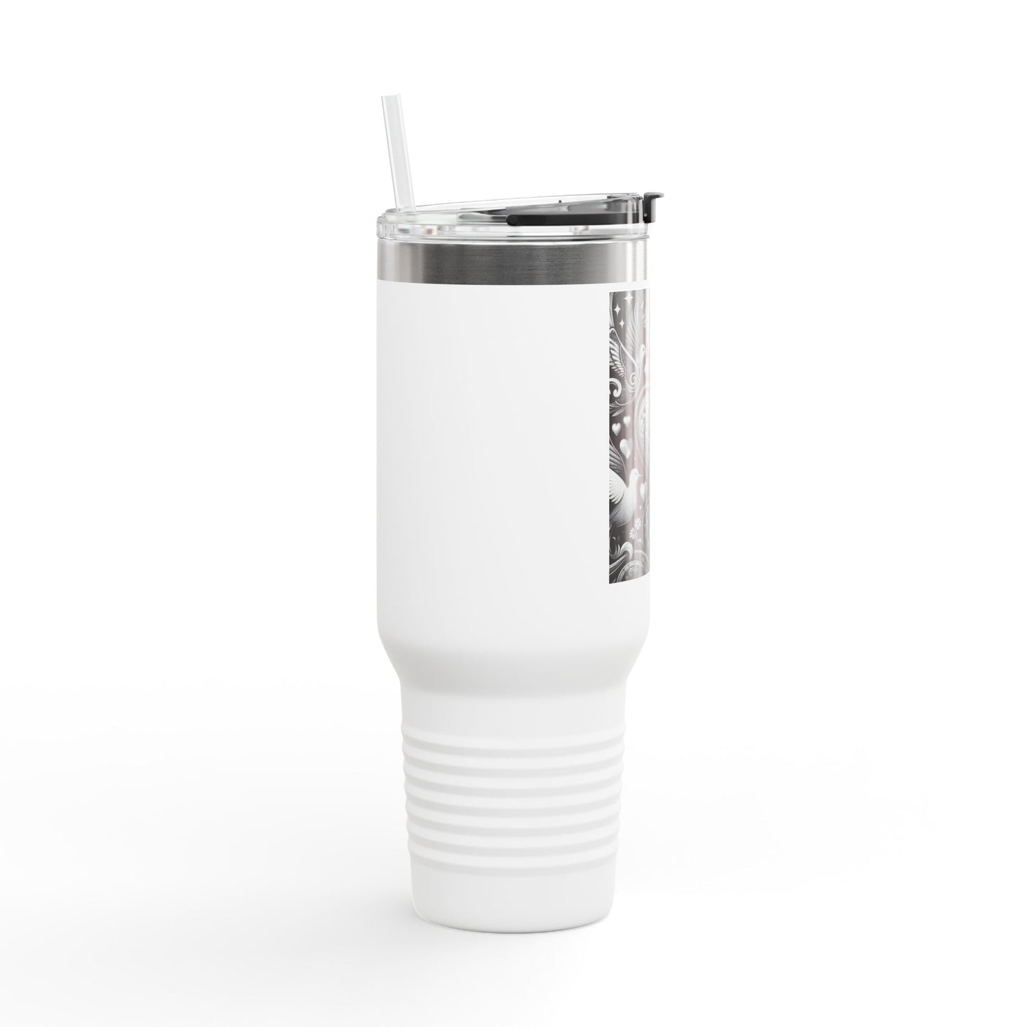 BLACK AND WHITE DOVE HEARTInsulated Travel Mug, 40oz