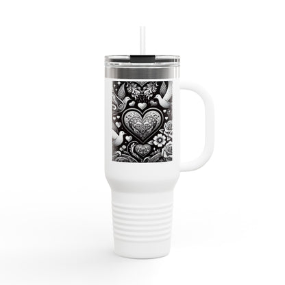 BLACK AND WHITE DOVE HEARTInsulated Travel Mug, 40oz