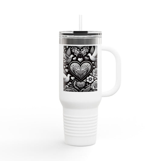 BLACK AND WHITE DOVE HEARTInsulated Travel Mug, 40oz