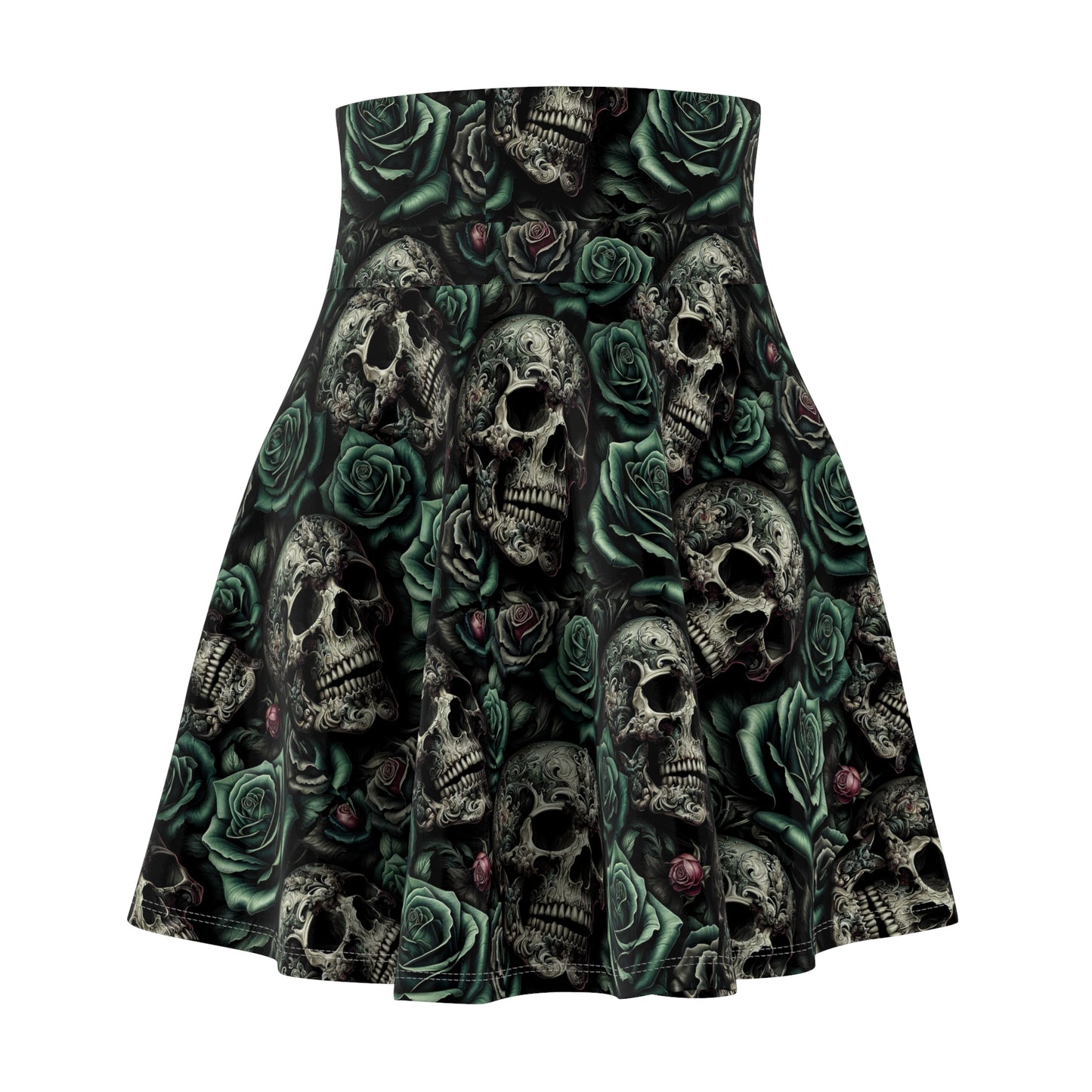 Skater Skirt - Green Roses and Skulls Print