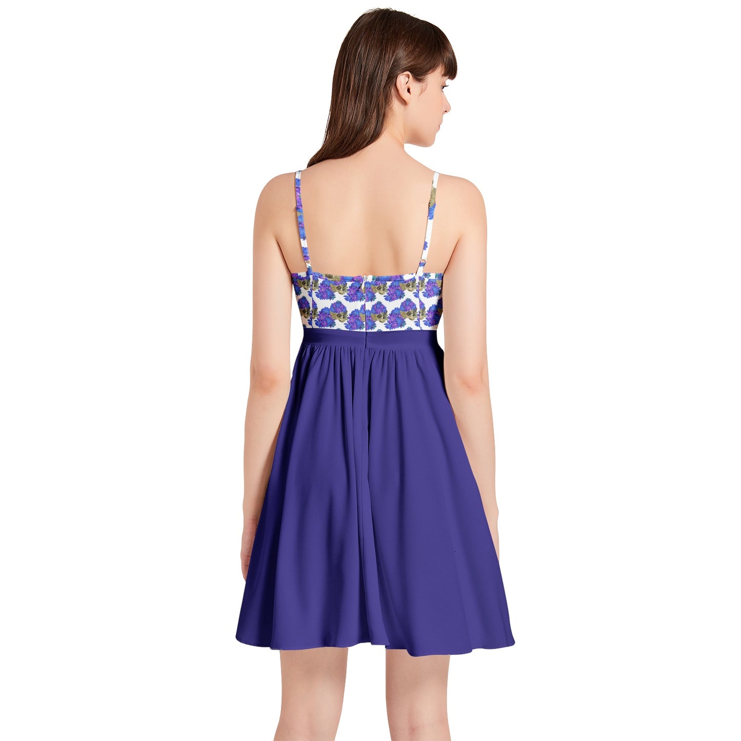 Blue succulent Spaghetti Strap Sleeveless Falred Hem Short Dress