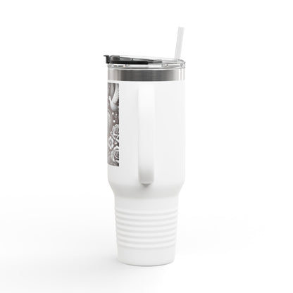 BLACK AND WHITE DOVE HEARTInsulated Travel Mug, 40oz