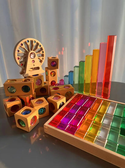 New Kids Acrylic Sparkling 6 sides 3D Gems Wooden Blocks Toy Rainbow Lucite Crystal Steps Building Play Birthday Gift