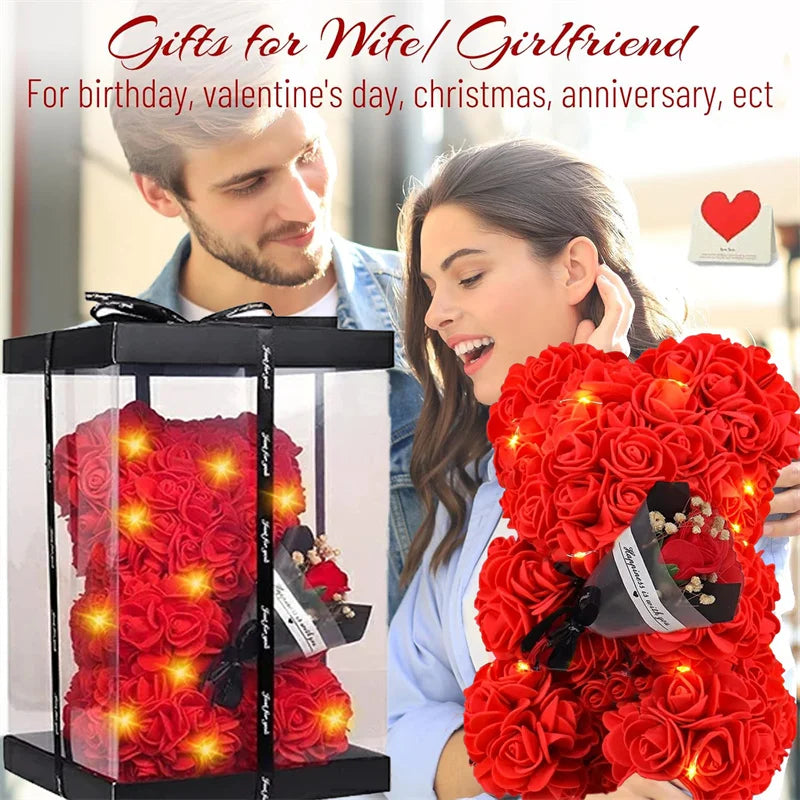 10inch Flower Bear with Led Light Romantic Valentines Day Anniversary Birthday for Wife Girlfriend Mom with Gift Box and Card