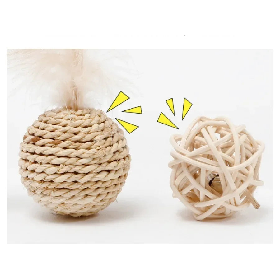 2pc Set Cat Toys Woven Feather Rattan Bell Sound Ball Pet Cat Toy Plant Ring Bell Double Ball Sleeve