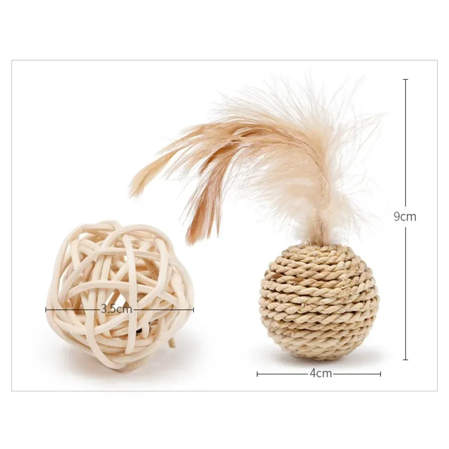 2pc Set Cat Toys Woven Feather Rattan Bell Sound Ball Pet Cat Toy Plant Ring Bell Double Ball Sleeve