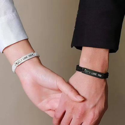 2 PCS I Love You Finger Heart Stainless Steel Couple Bracelet Black White Woven Bracelets For Lovers Valentine Gifts