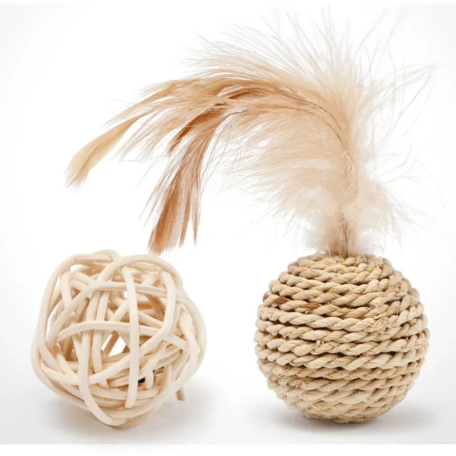 2pc Set Cat Toys Woven Feather Rattan Bell Sound Ball Pet Cat Toy Plant Ring Bell Double Ball Sleeve