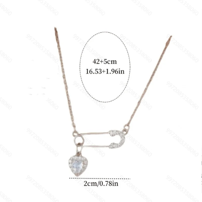 Light luxury zircon pin love ins niche design safety needle heart-shaped tassel personalized titanium steel clavicle chain